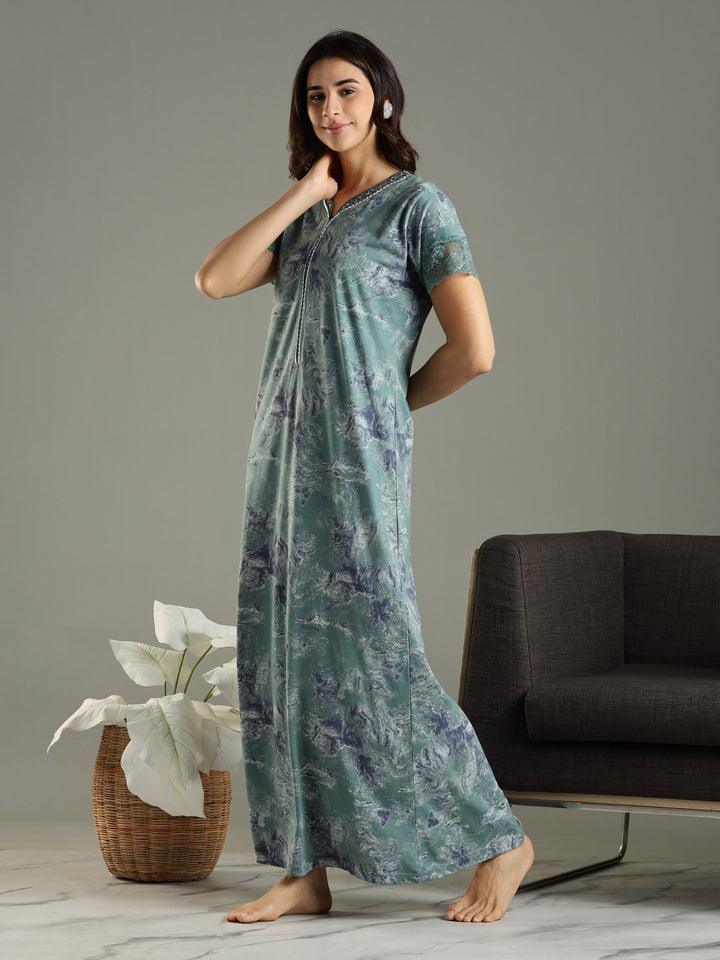 Hosiery Cotton Sea Green Nighty For Women with Pocket