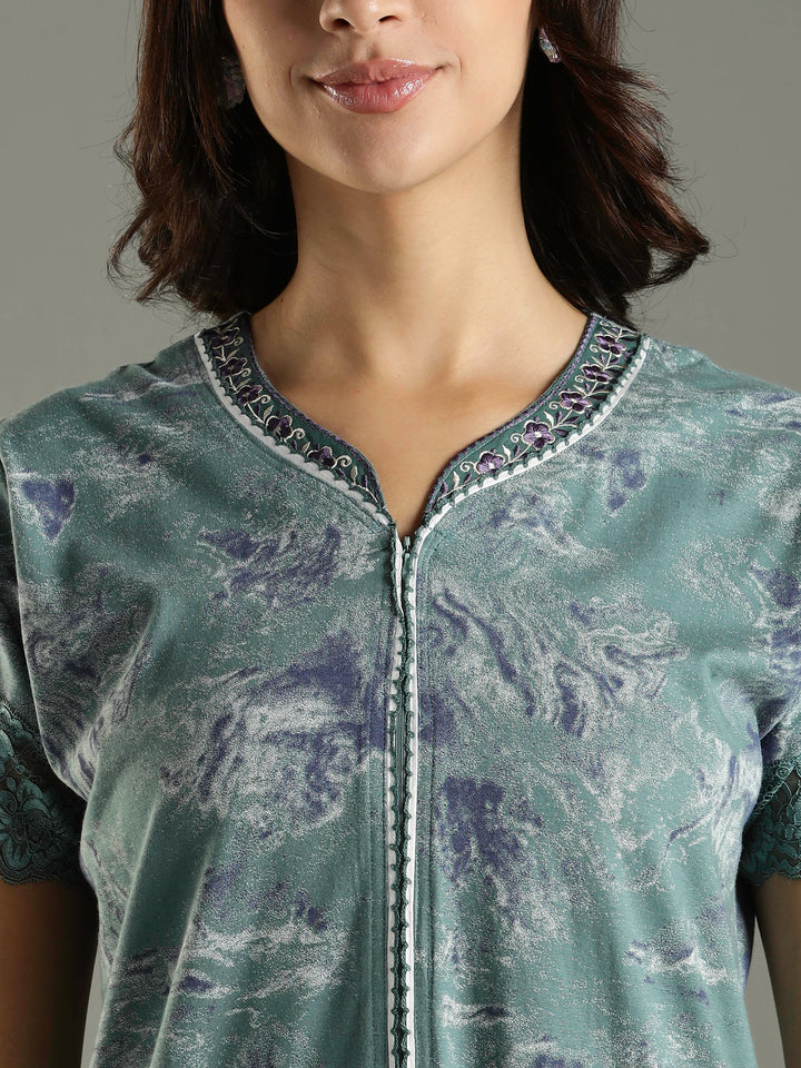 Hosiery Cotton Sea Green Nighty For Women with Pocket