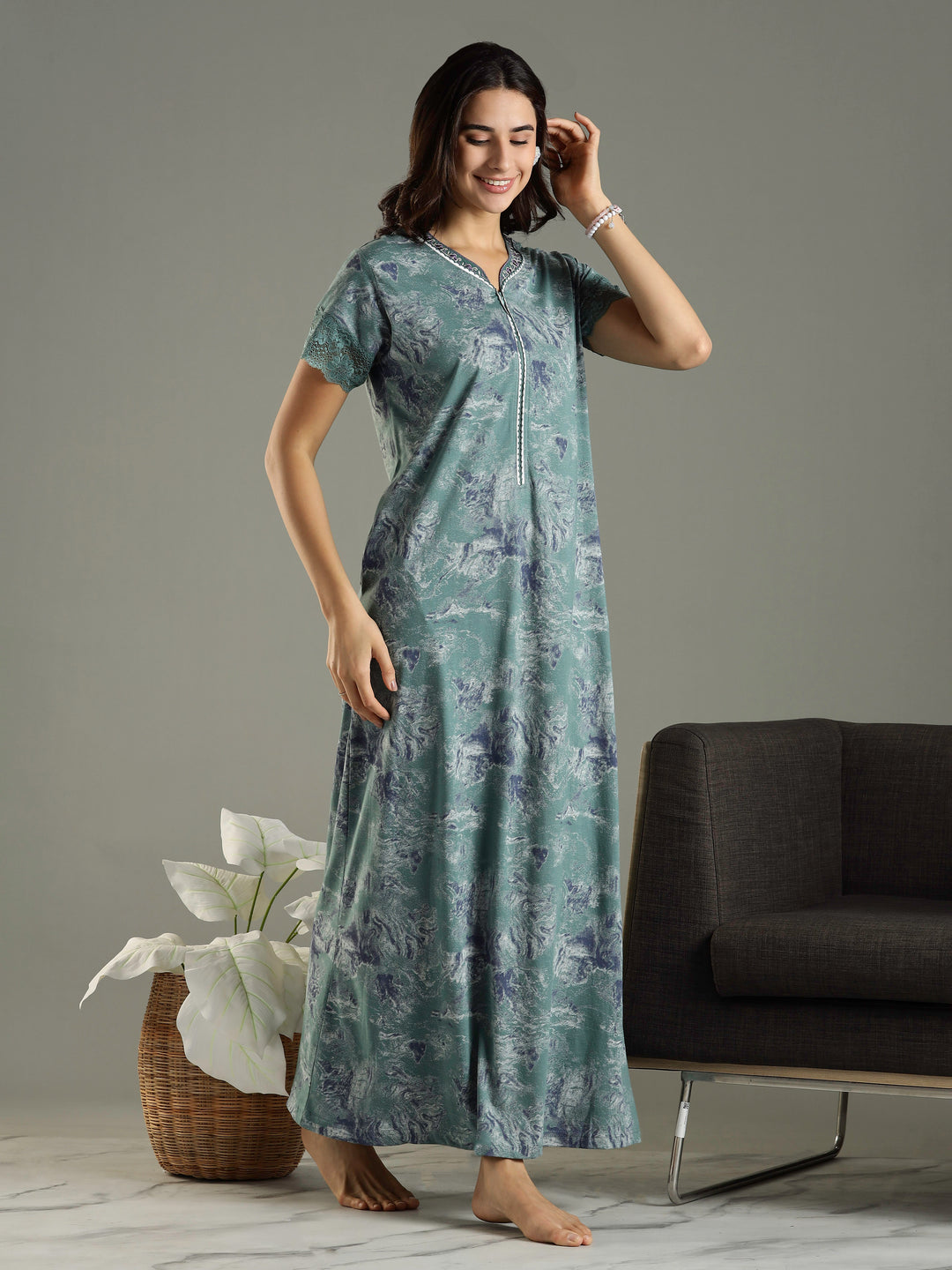 Hosiery Cotton Sea Green Nighty For Women with Pocket