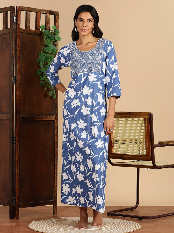 Serene Blue Jaipuri Cotton Nighty For Women with Side Pocket