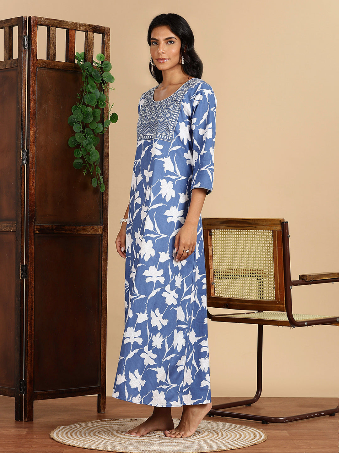Serene Blue Jaipuri Cotton Nighty For Women with Side Pocket