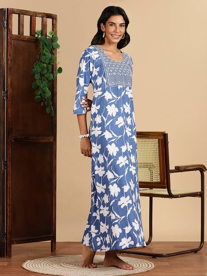 Serene Blue Jaipuri Cotton Nighty For Women with Side Pocket