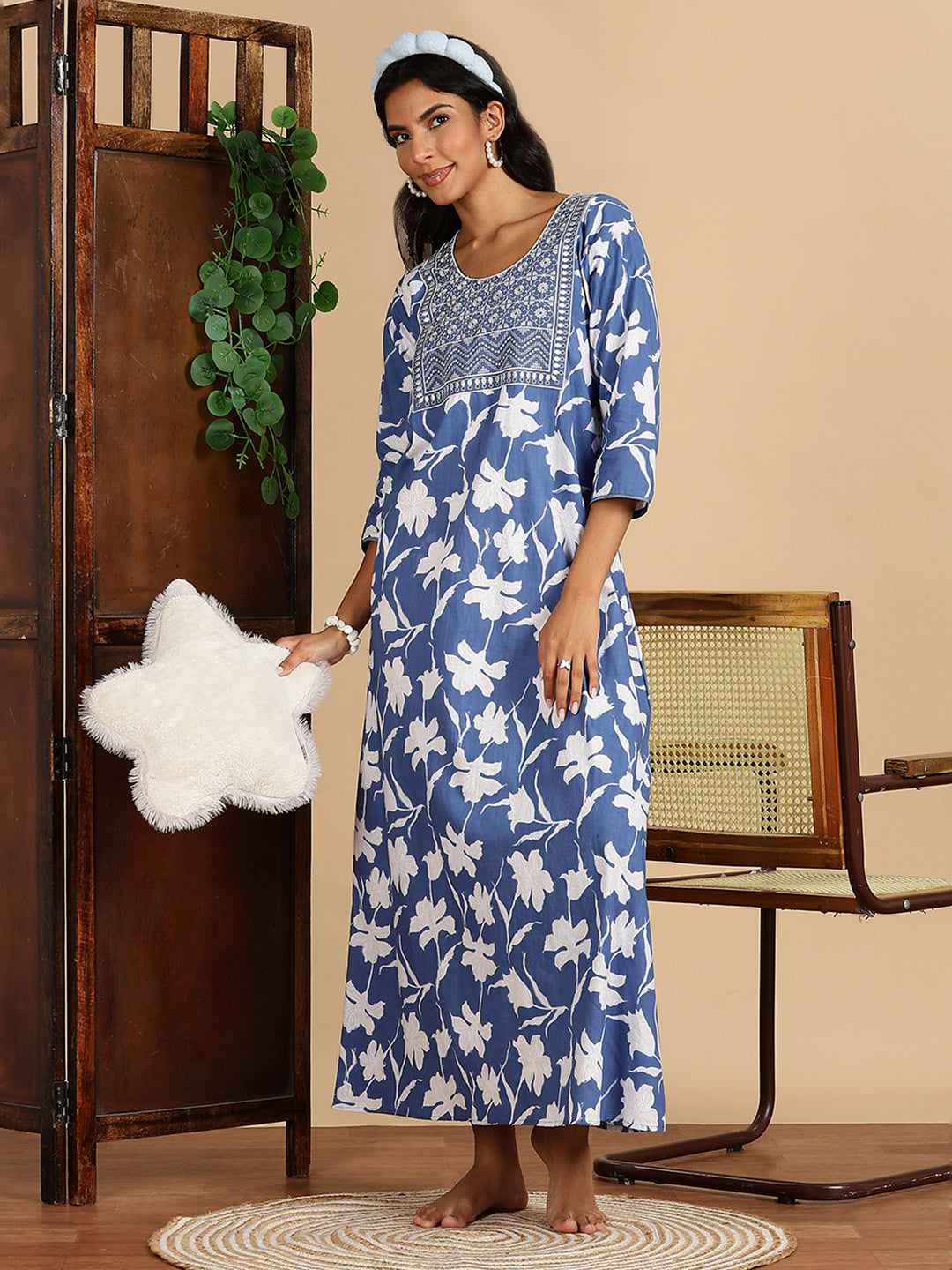 Serene Blue Jaipuri Cotton Nighty For Women with Side Pocket