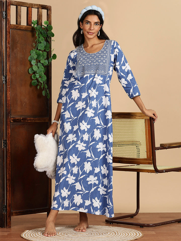 Serene Blue Jaipuri Cotton Nighty For Women with Side Pocket