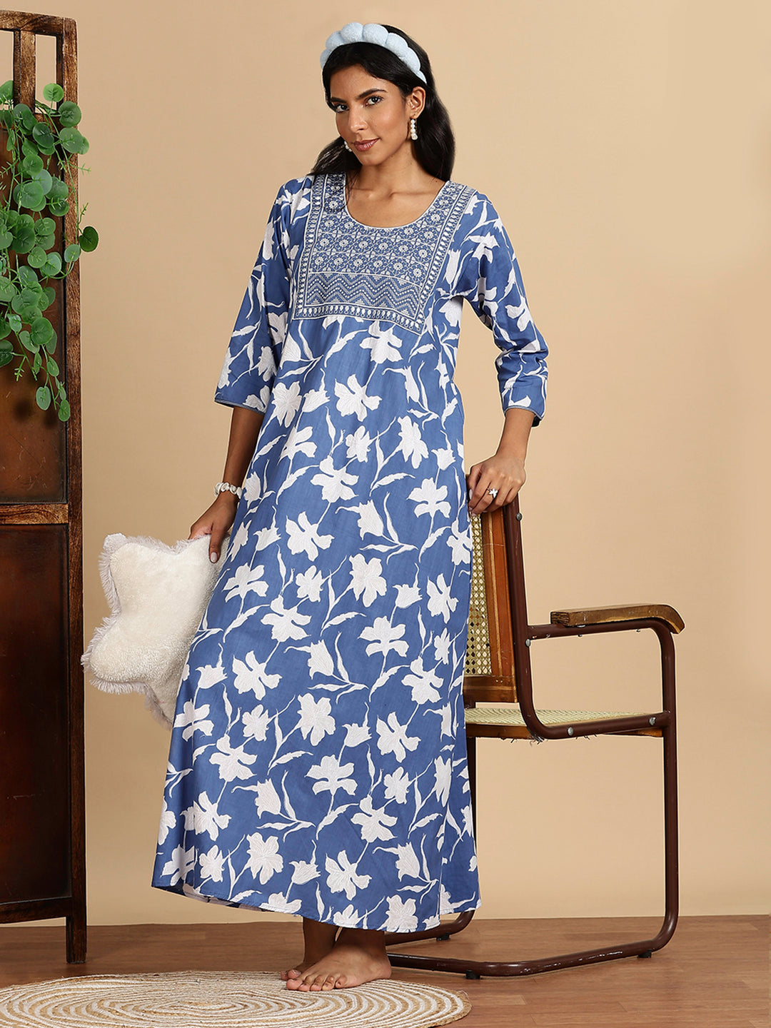 Serene Blue Jaipuri Cotton Nighty For Women with Side Pocket