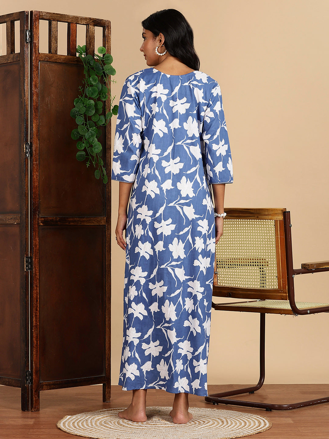 Serene Blue Jaipuri Cotton Nighty For Women with Side Pocket