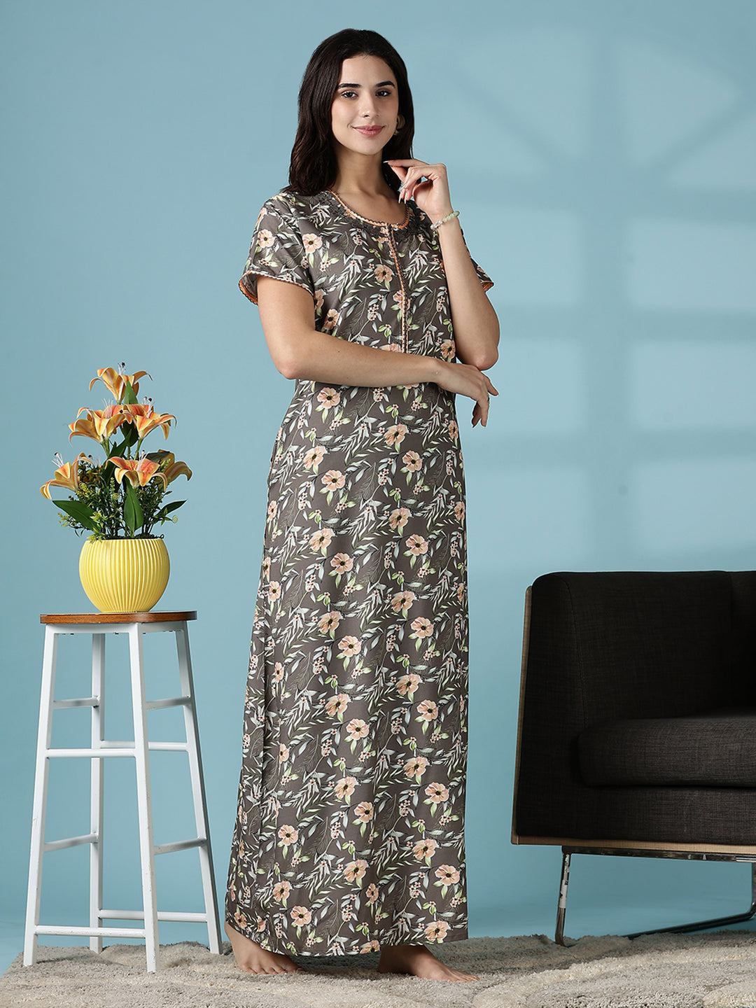 Rayon Floral Branded Nighty for Women in Shimmer Brown