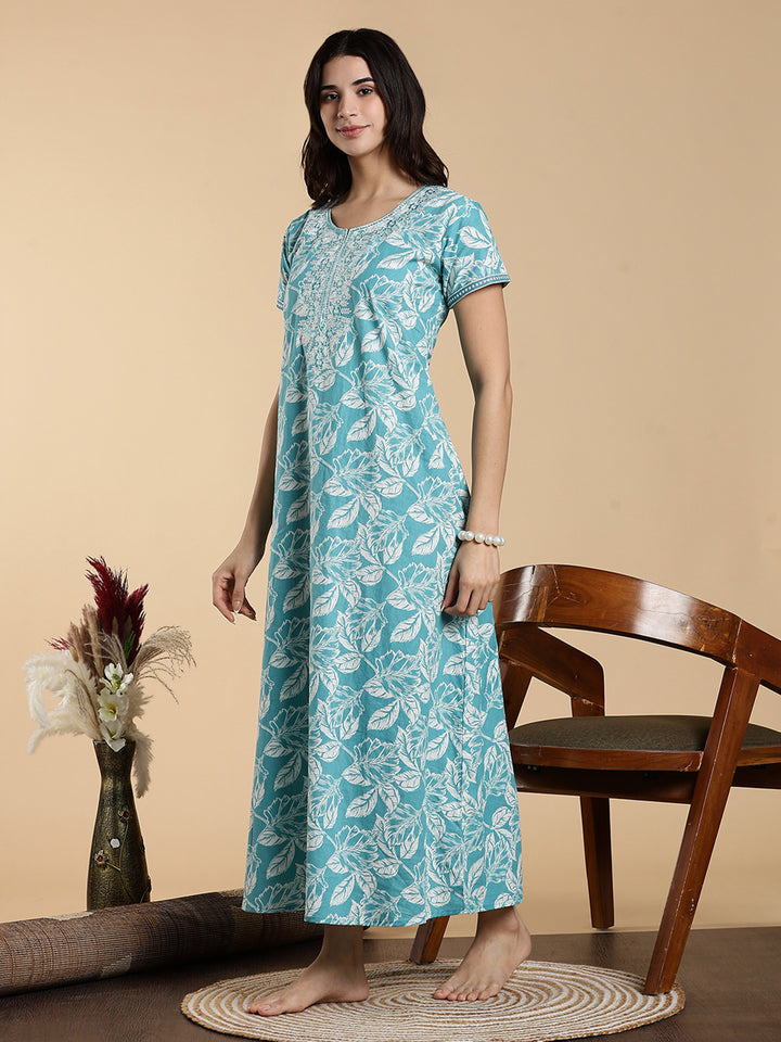 Embroidered Sky Blue Jaipuri Pure Cotton Nighty for Women