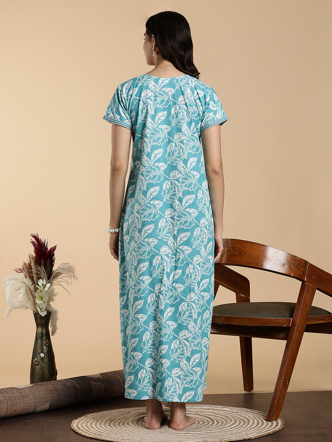 Embroidered Sky Blue Jaipuri Pure Cotton Nighty for Women