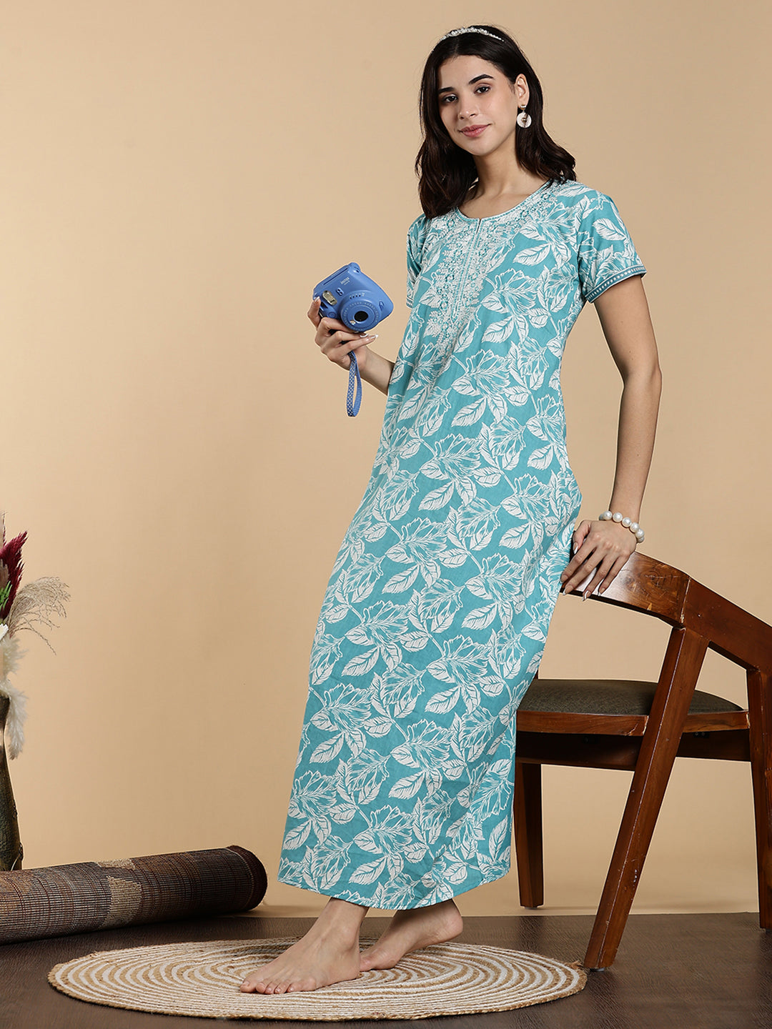Embroidered Sky Blue Jaipuri Pure Cotton Nighty for Women