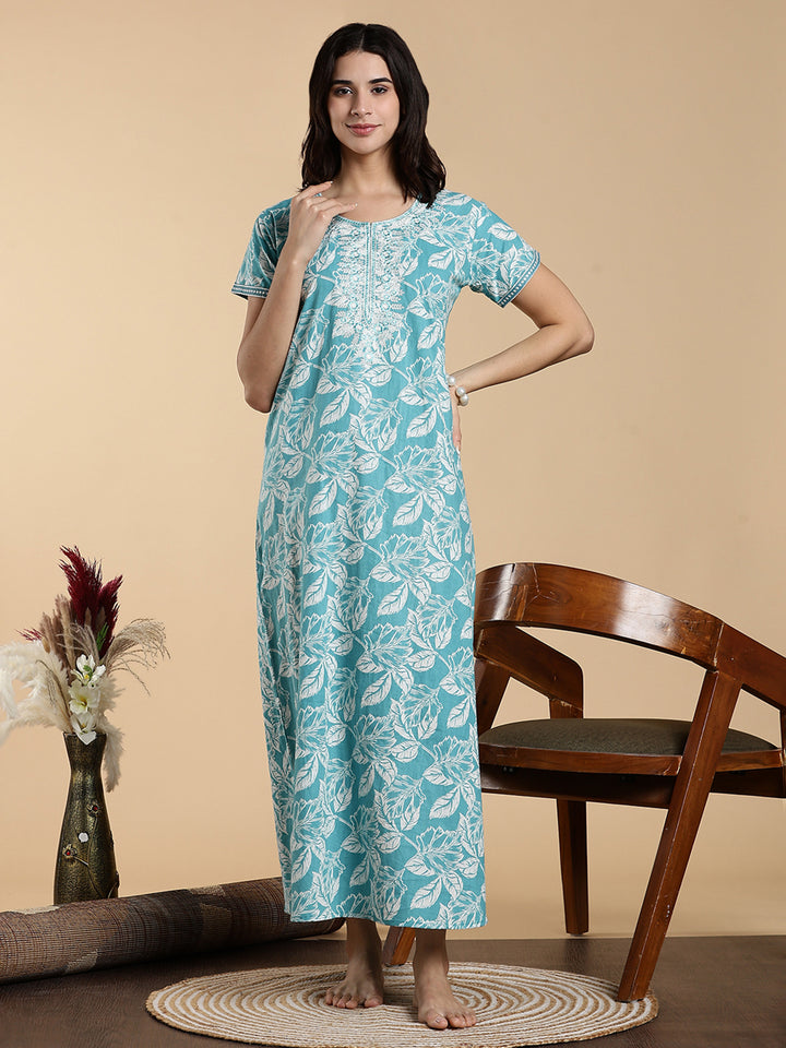 Embroidered Sky Blue Jaipuri Pure Cotton Nighty for Women