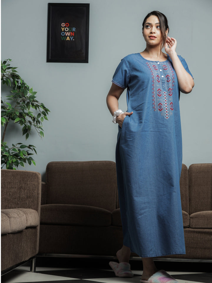 Embroidery Neck Sky Blue Denim Nighty for Women 