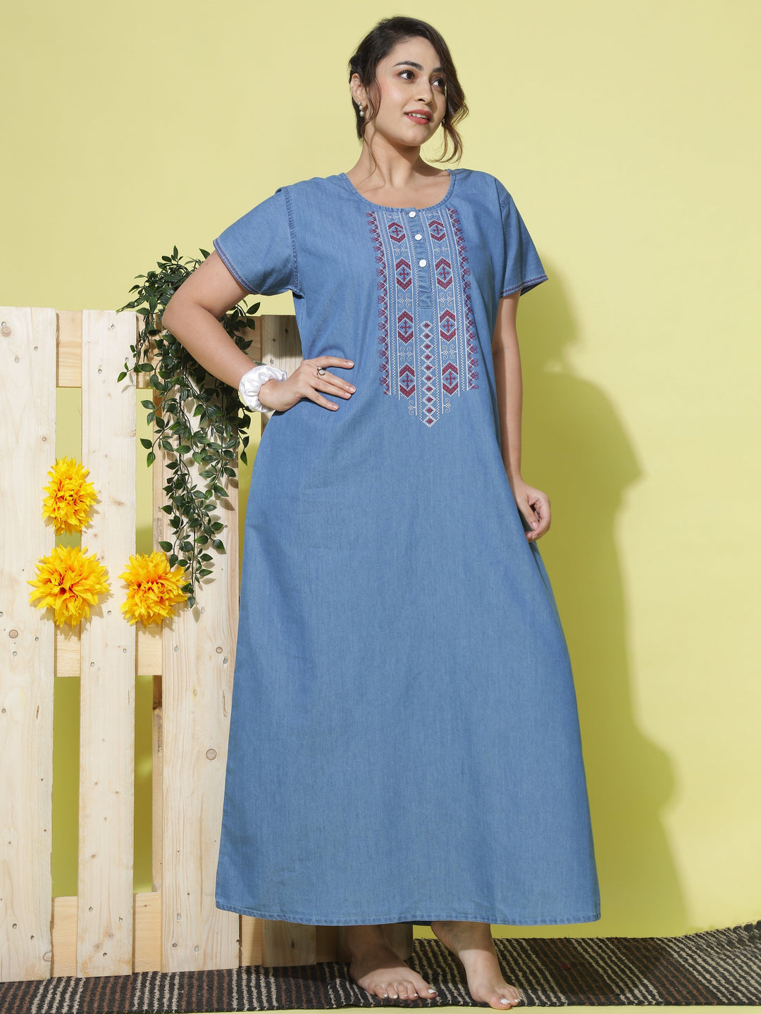 Embroidery Neck Sky Blue Denim Nighty for Women