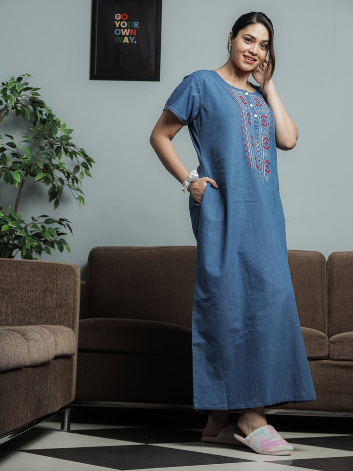 Embroidery Neck Sky Blue Denim Nighty for Women 