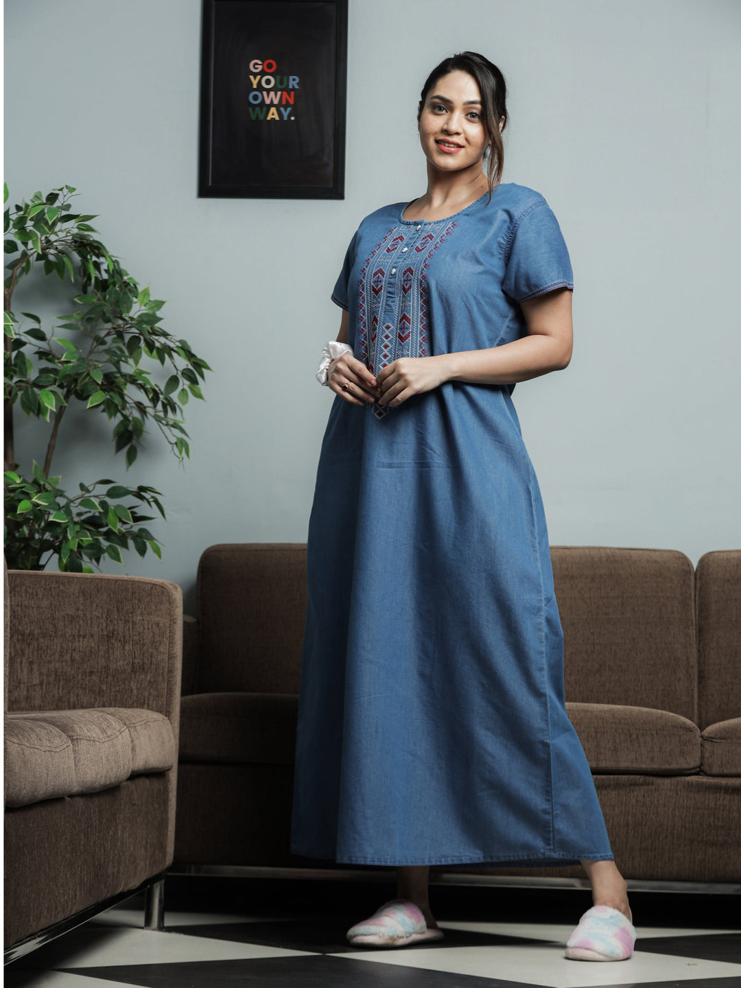 Embroidery Neck Sky Blue Denim Nighty for Women