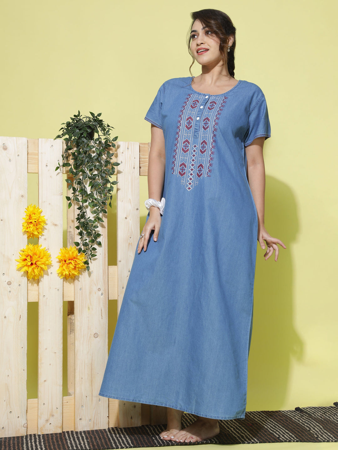 Embroidery Neck Sky Blue Denim Nighty for Women