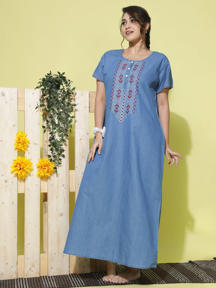 Embroidery Neck Sky Blue Denim Nighty for Women