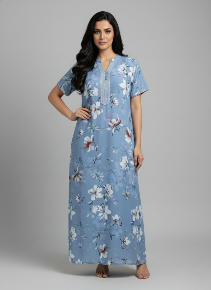 Sky Blue Rayon Designer Nighty Dress for Women