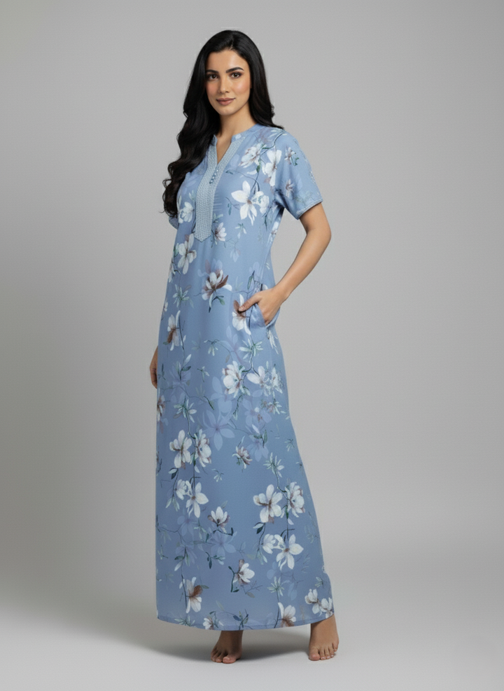 Sky Blue Rayon Designer Nighty Dress for Women