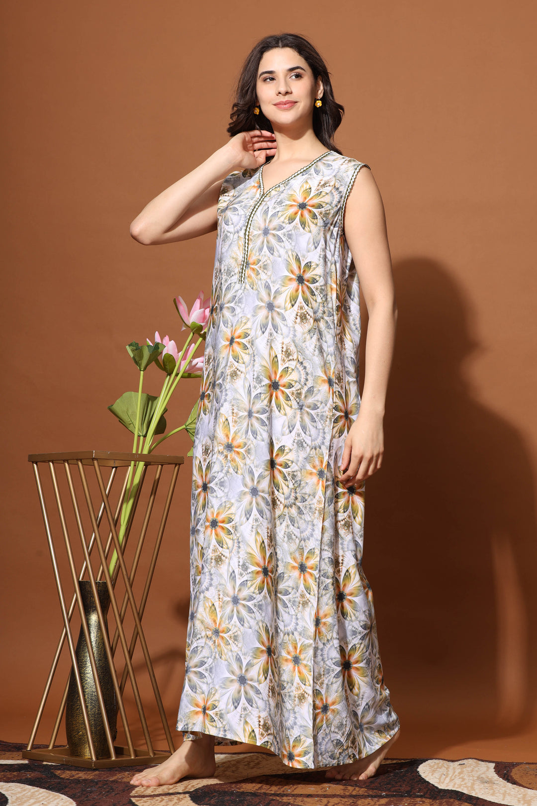 Sunflower Print Sleeveless Nighty for Women