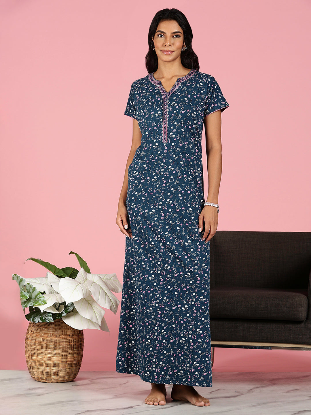 Teal Blue Hosiery Cotton Floral Ladies Nighty Dress