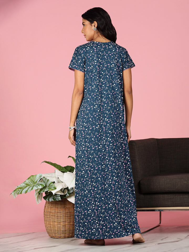Teal Blue Hosiery Cotton Floral Ladies Nighty Dress