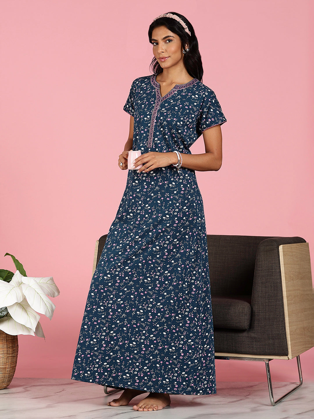 Teal Blue Hosiery Cotton Floral Ladies Nighty Dress