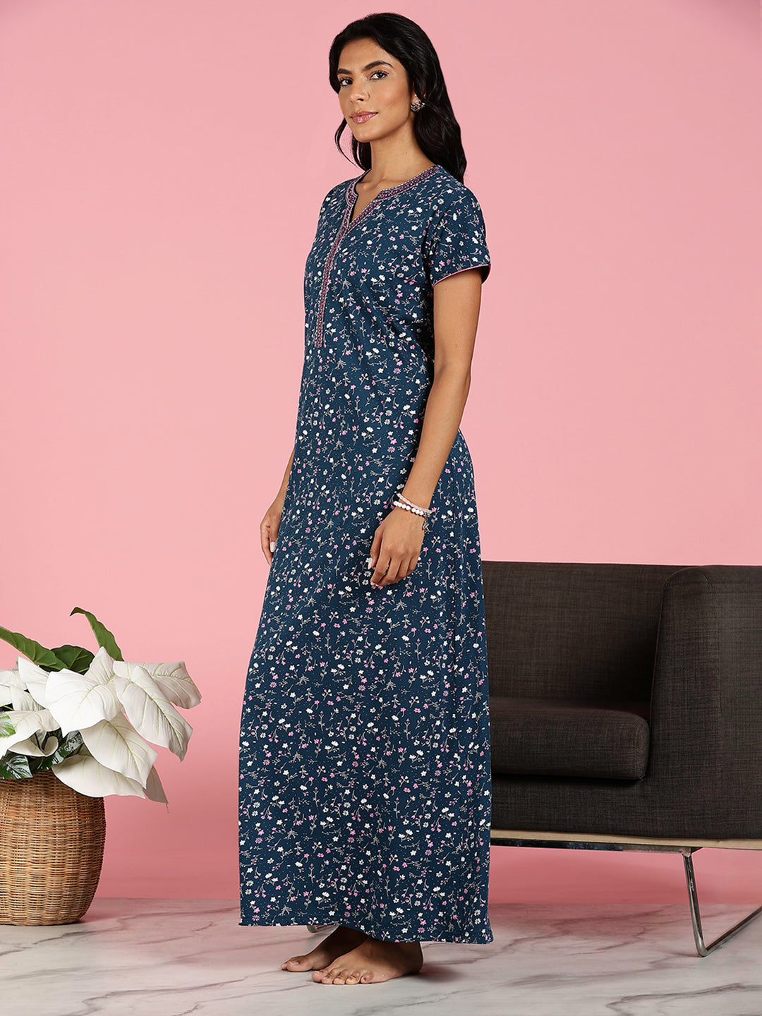 Teal Blue Hosiery Cotton Floral Ladies Nighty Dress