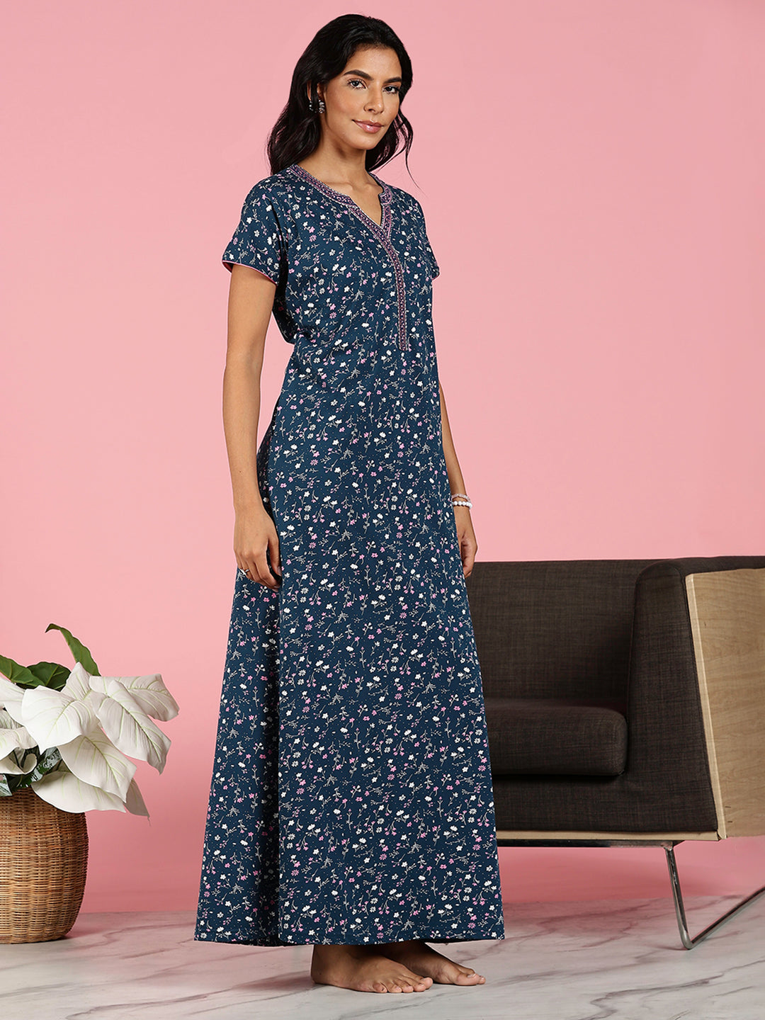 Teal Blue Hosiery Cotton Floral Ladies Nighty Dress