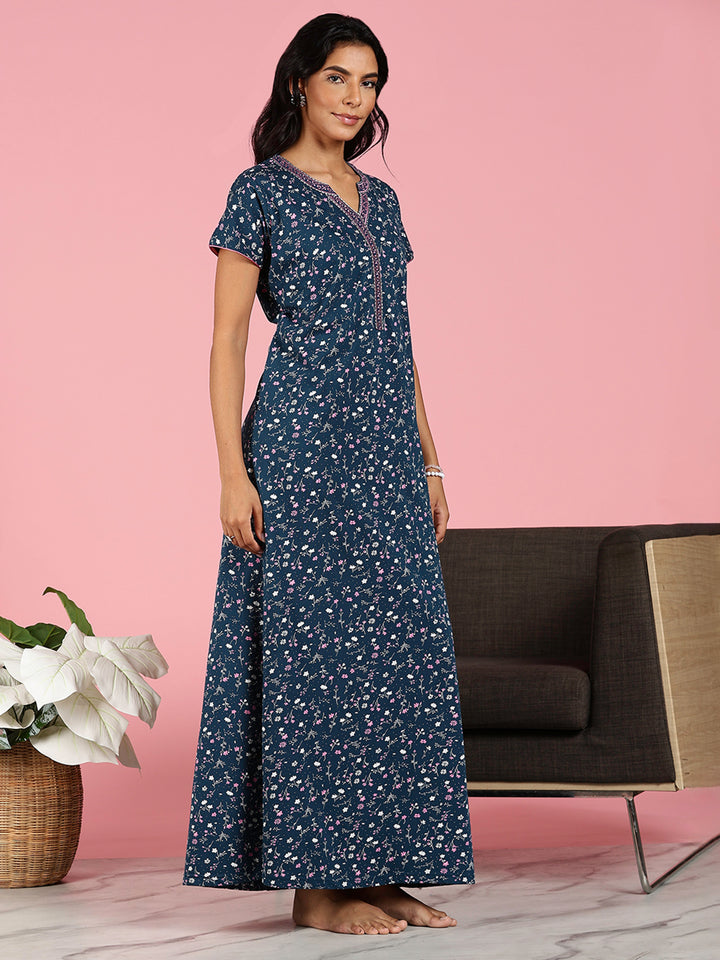 Teal Blue Hosiery Cotton Floral Ladies Nighty Dress