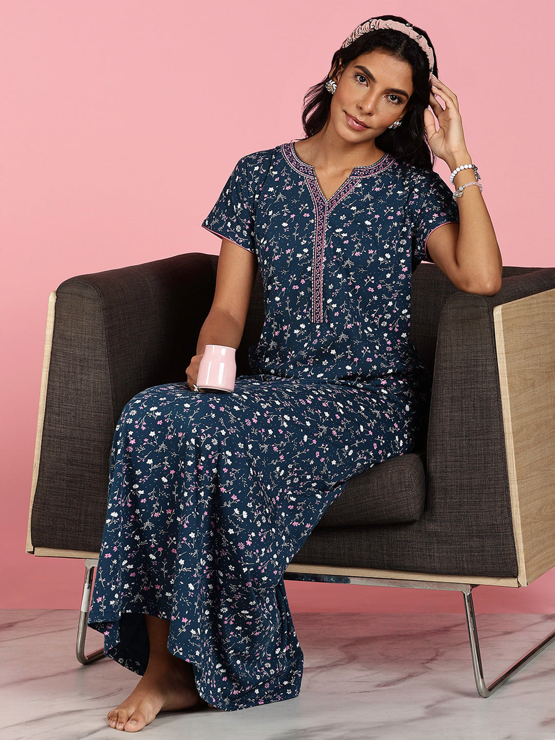 Teal Blue Hosiery Cotton Floral Ladies Nighty Dress