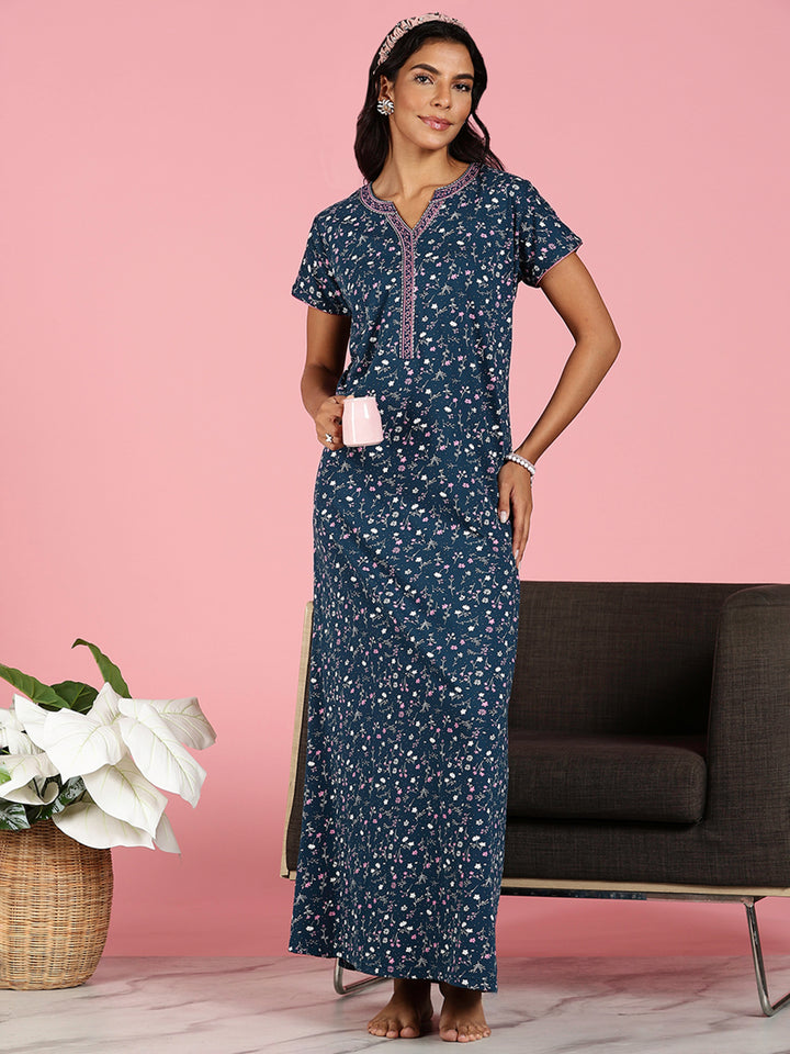 Teal Blue Hosiery Cotton Floral Ladies Nighty Dress