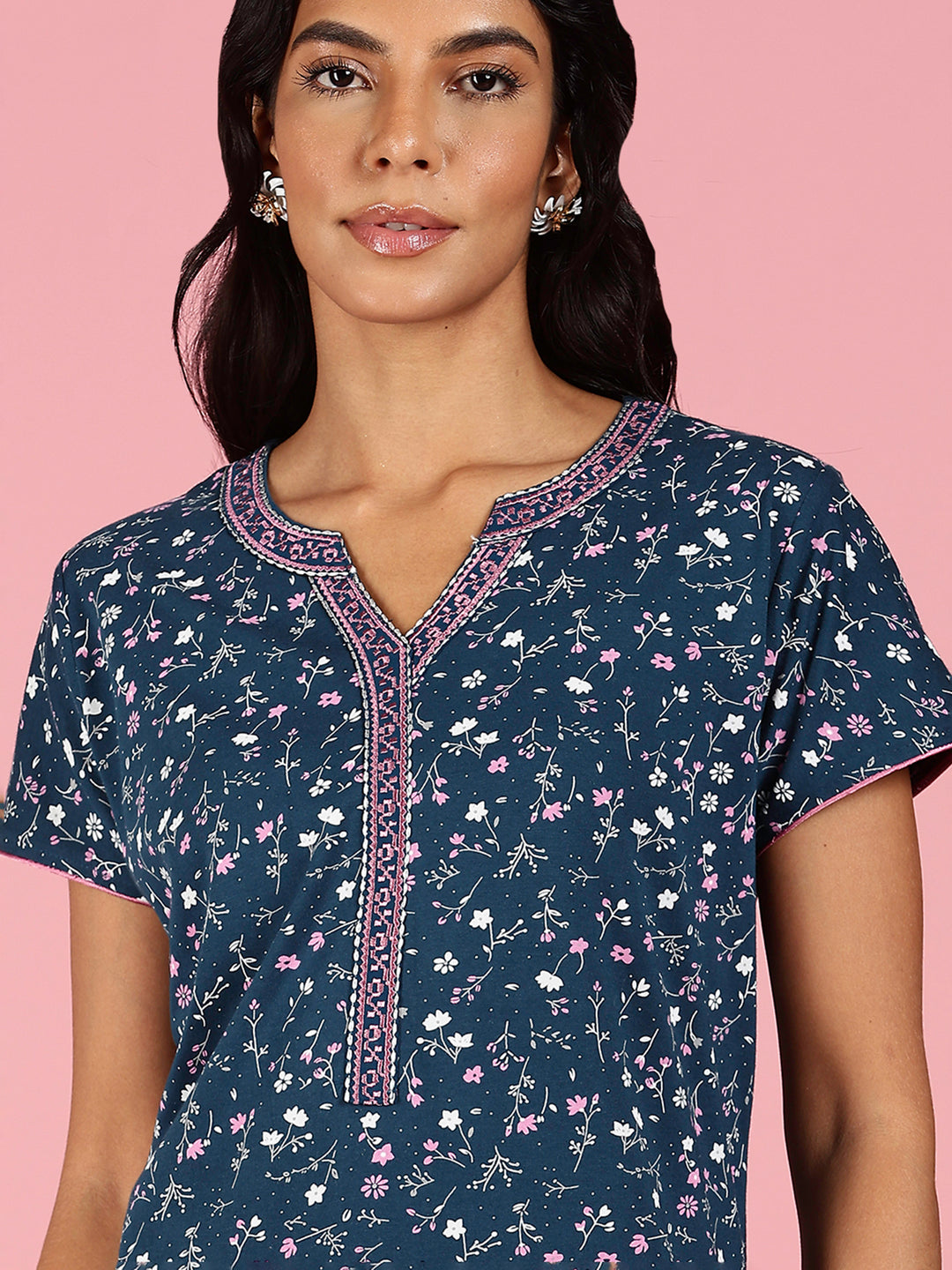 Teal Blue Hosiery Cotton Floral Ladies Nighty Dress