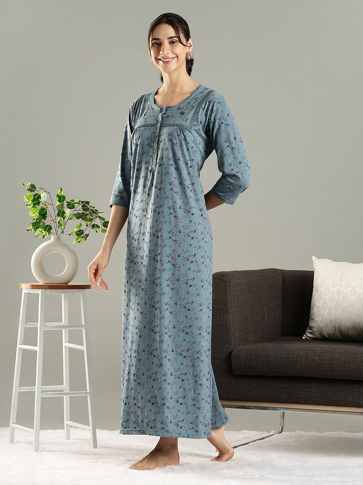 Smoky Teal Cotton Blend Embroidered Nighty For Women