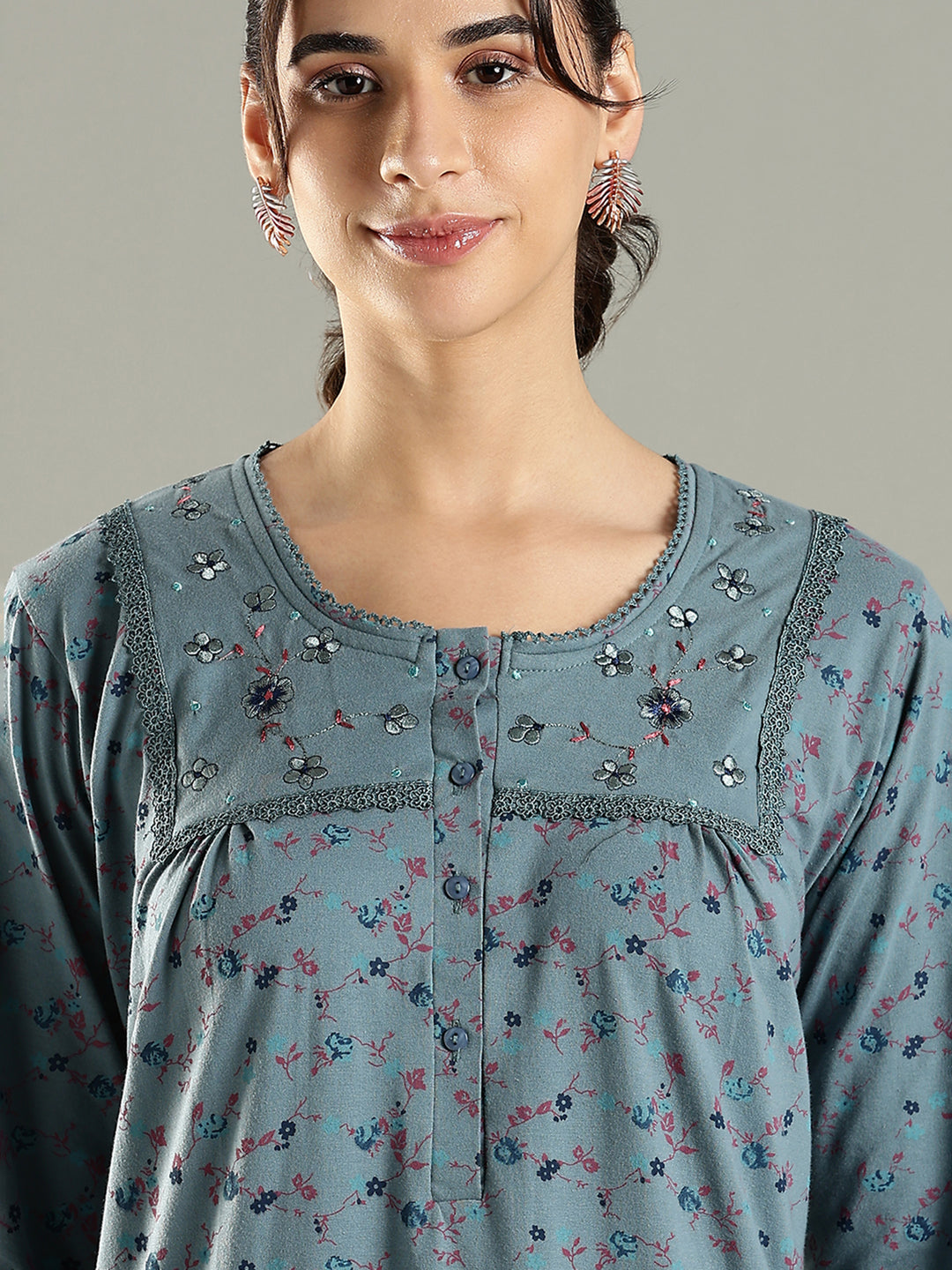 Smoky Teal Cotton Blend Embroidered Nighty For Women