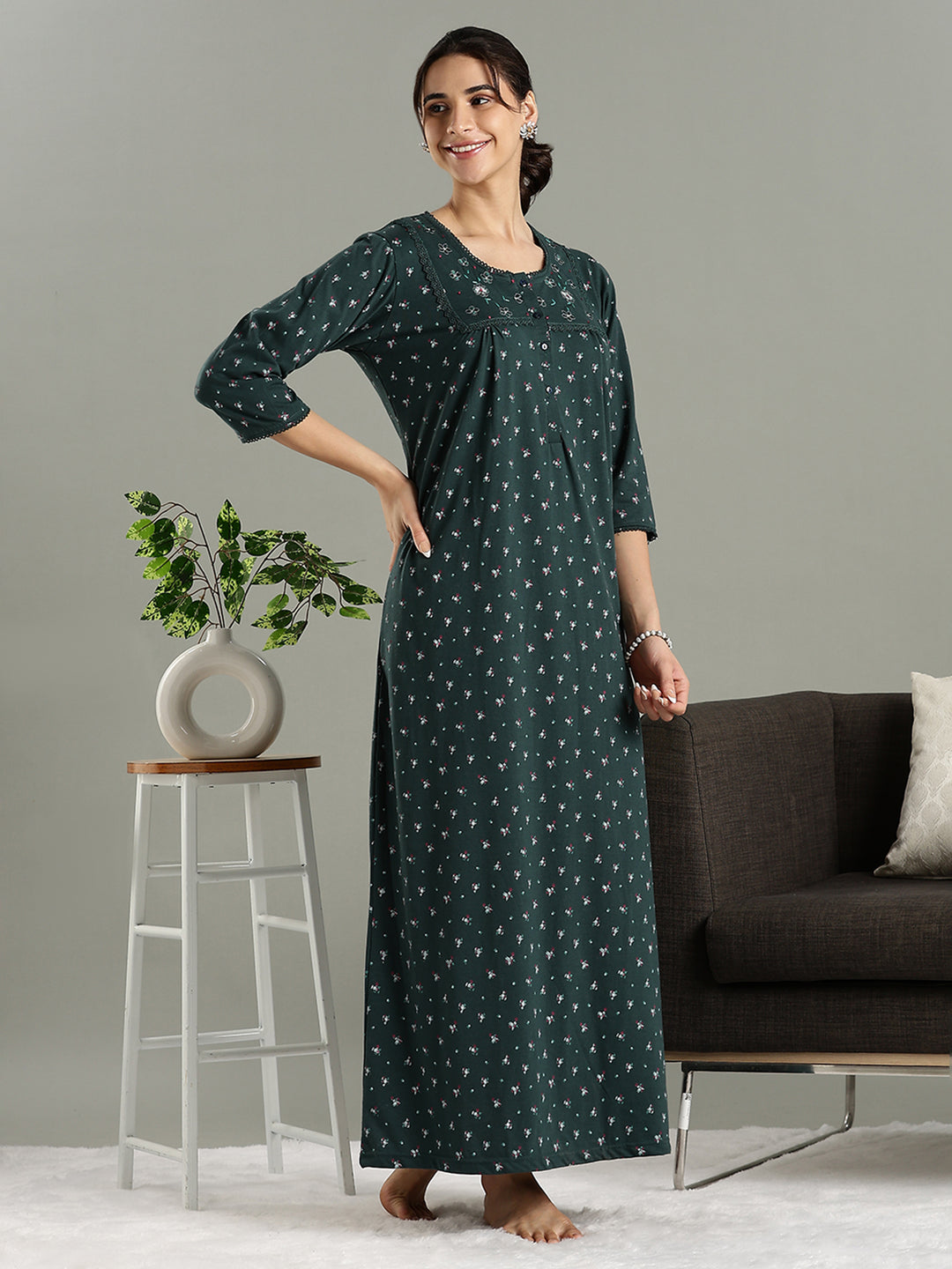 Classy Indian Style Teal Green Cotton Blend Nighty for Women