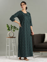 Teal Green Floral Nighty for Women with Embroidered Pleated Yoke