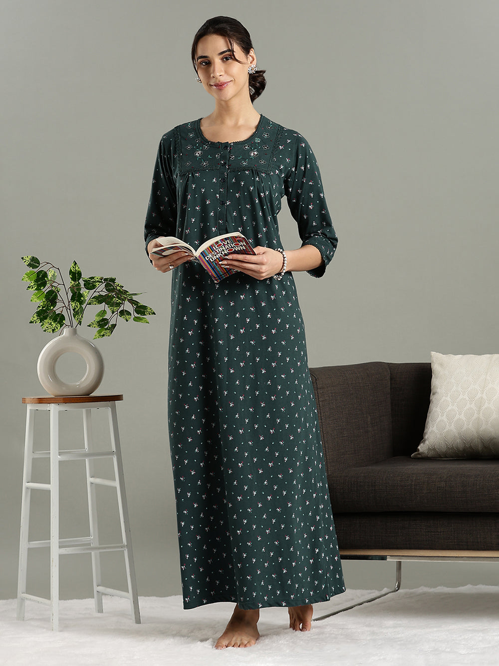 Classy Indian Style Teal Green Cotton Blend Nighty for Women Cotton Blend / L/42 Classy Indian Style Teal Green Cotton Blend Nighty for Women Cotton Blend / L/42