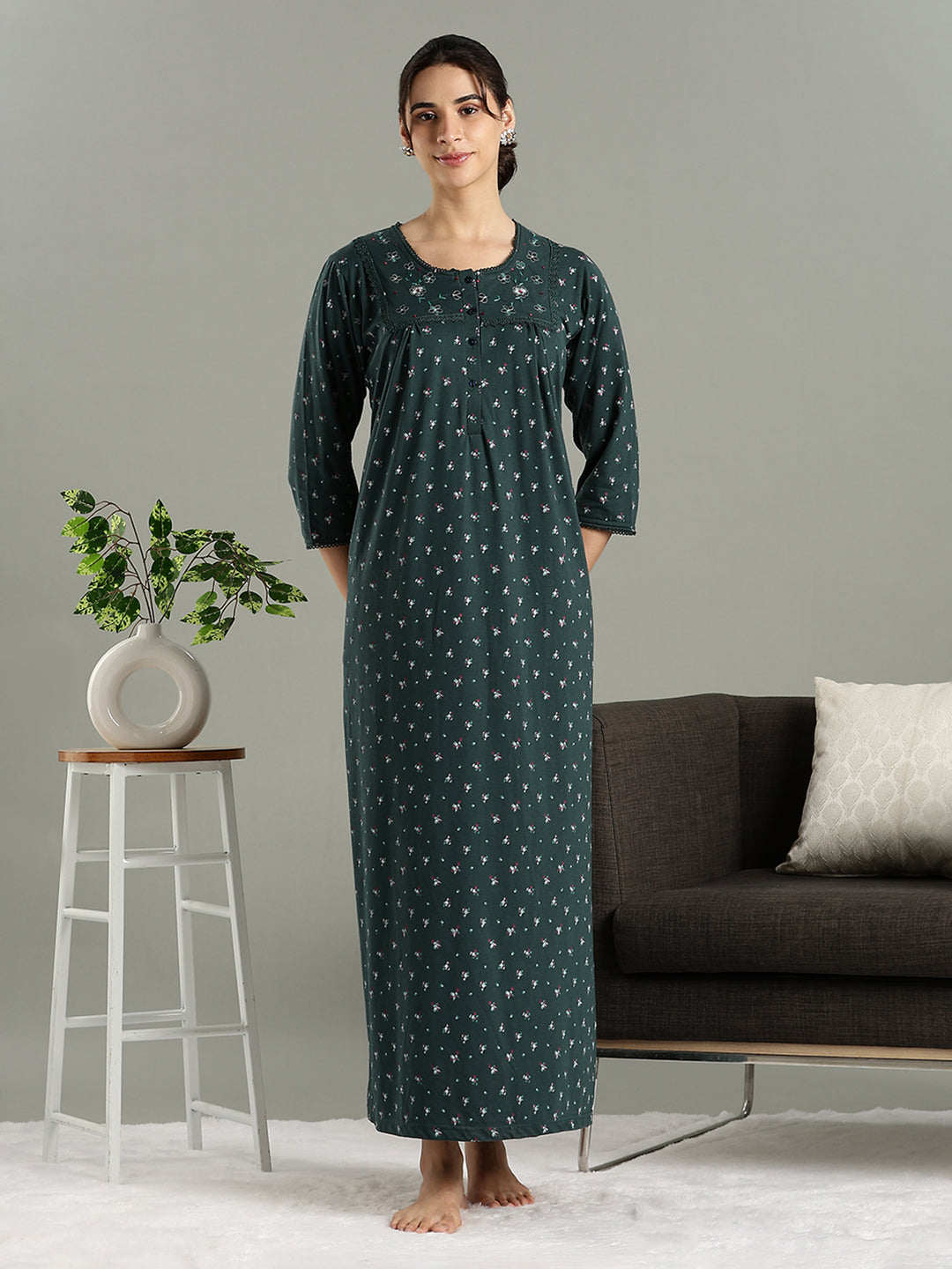 Classy Indian Style Teal Green Cotton Blend Nighty for Women