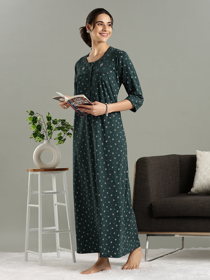 Classy Indian Style Teal Green Cotton Blend Nighty for Women
