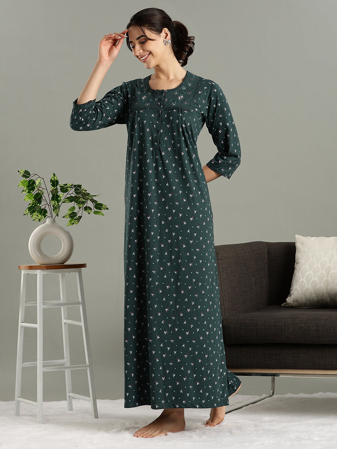 Classy Indian Style Teal Green Cotton Blend Nighty for Women