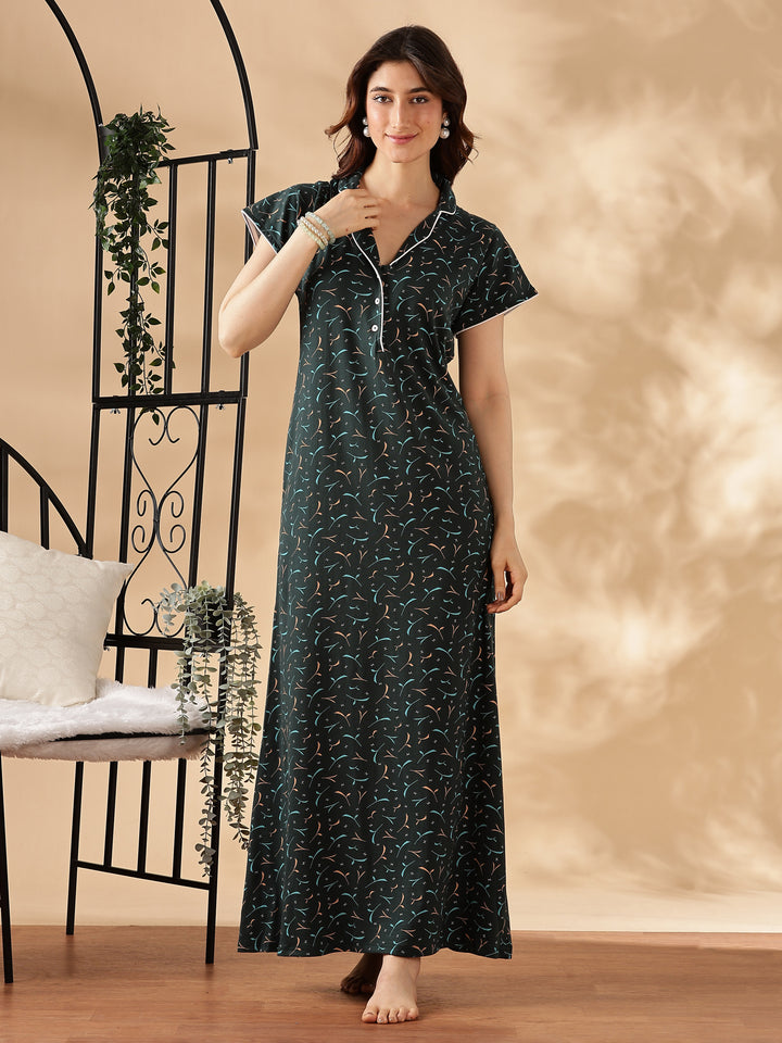 Teal Star Printed Branded Maxi Nighty For Women
