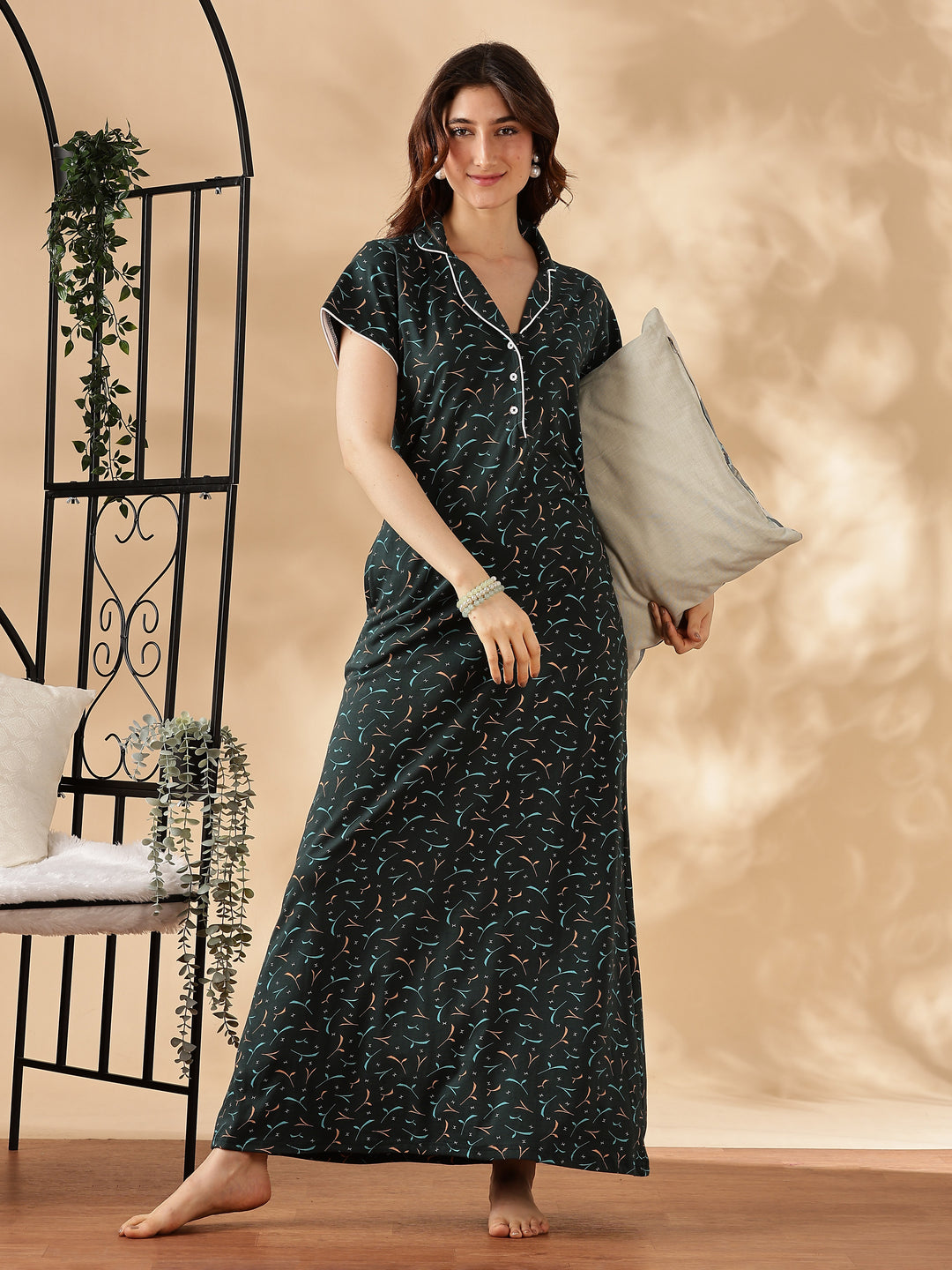 Teal Star Printed Branded Maxi Nighty For Women