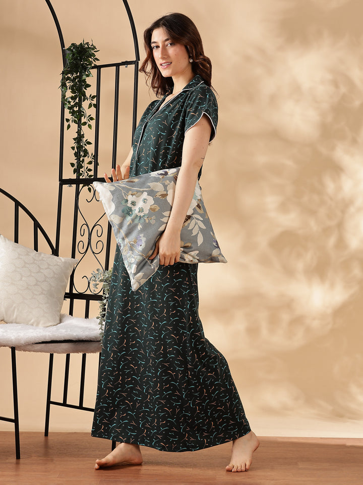 Teal Star Printed Branded Maxi Nighty For Women