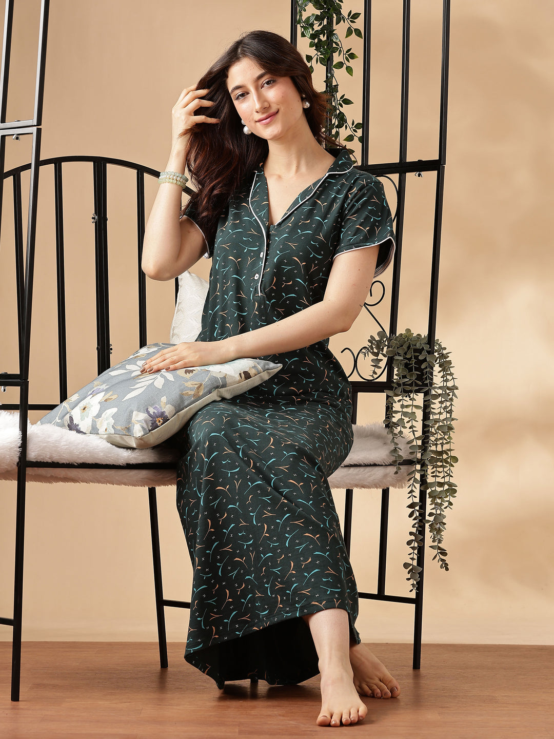 Teal Star Printed Branded Maxi Nighty For Women