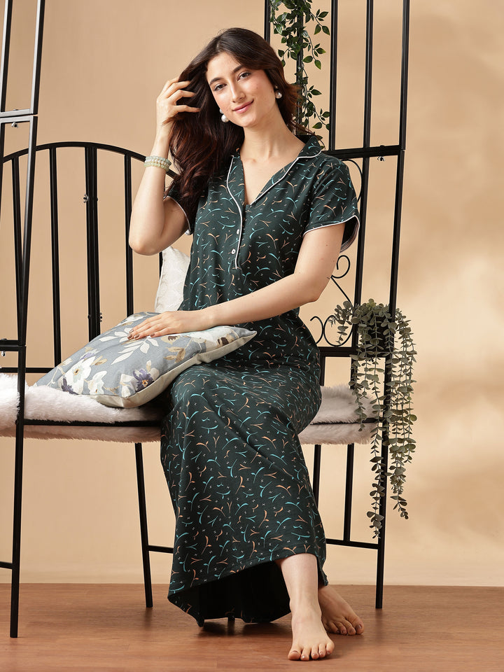Teal Star Printed Branded Maxi Nighty For Women