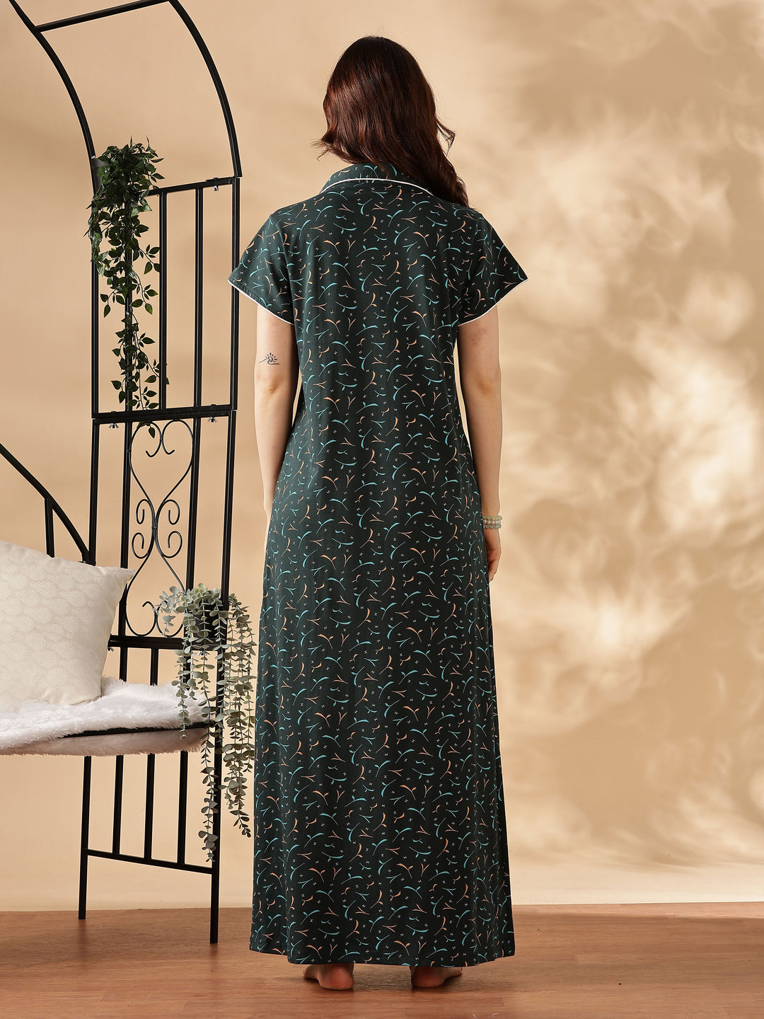 Teal Star Printed Branded Maxi Nighty For Women