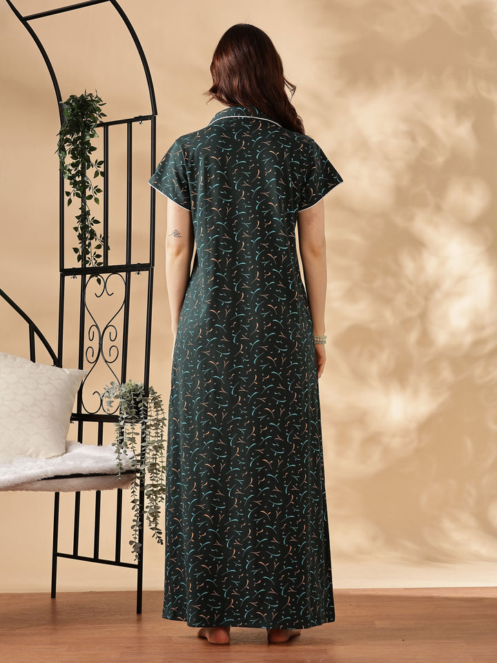 Teal Star Printed Branded Maxi Nighty For Women