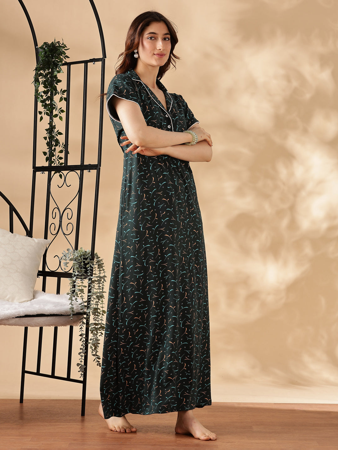 Teal Star Printed Branded Maxi Nighty For Women