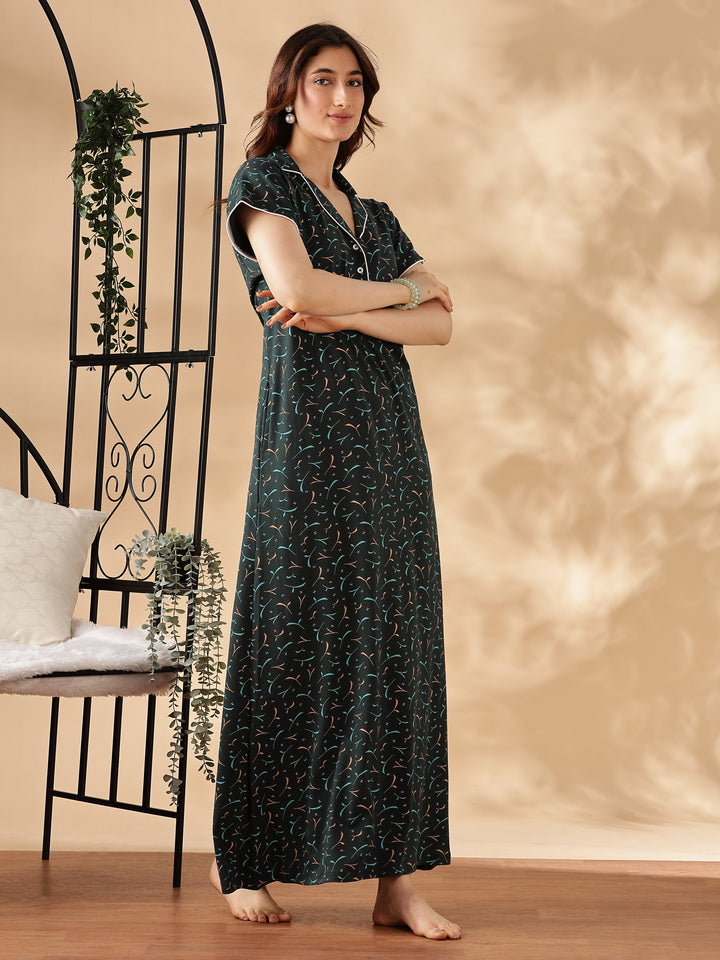 Teal Star Printed Branded Maxi Nighty For Women